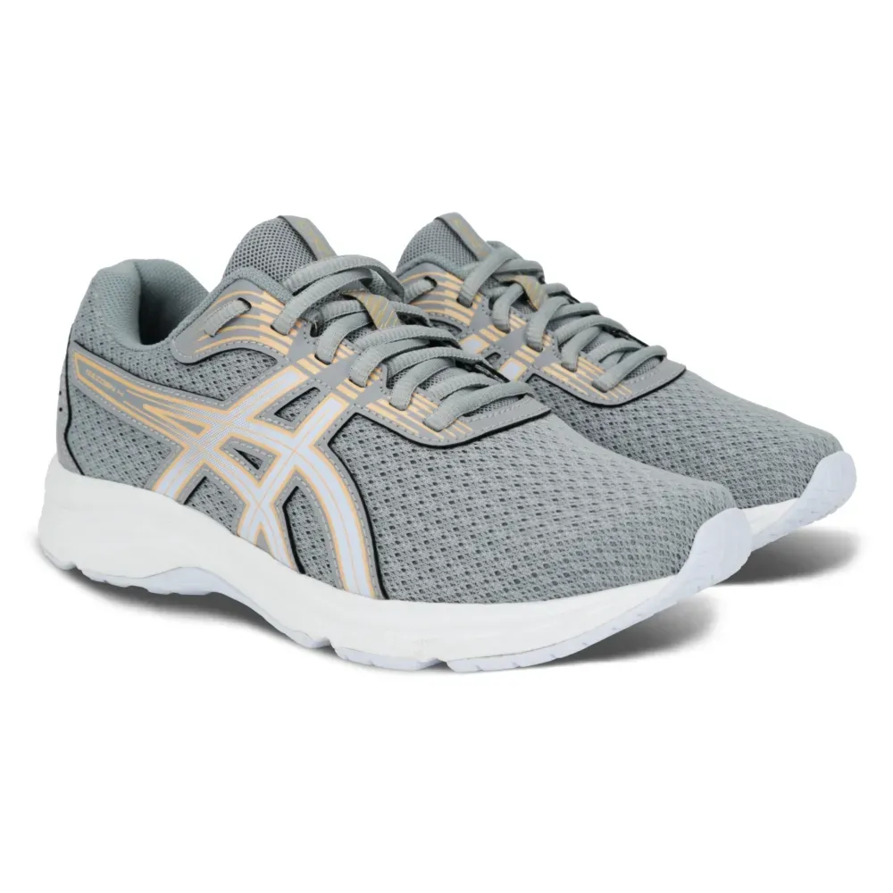 Tênis Asics Raiden 4 Feminino cinza em ângulo que mostra ajuste e conforto para o pé.
